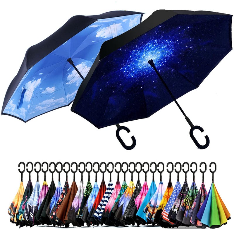 SIEPASA 49/56 Inch Inverted Reverse Upside Down Umbrella, Extra Large Double Canopy Vented Windproof Waterproof Stick Golf Umbrellas with C-shape Handle.(Sky Blue & Starry Sky, 2 pack, 49 Inch) - Image 1